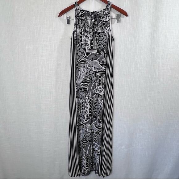 Chicos Tropical Print Flattering Stripes Halter Keyhole Tie Neck Maxi Dress 0P - Picture 10 of 15